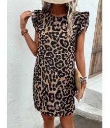 Kadın Kısa Kollu Kolları Fırfır Detay Arkası Bağlamalı Leopar Desen Kolsuz Mini Mikro Elbise