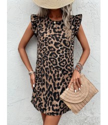 Kadın Kısa Kollu Kolları Fırfır Detay Arkası Bağlamalı Leopar Desen Kolsuz Mini Mikro Elbise