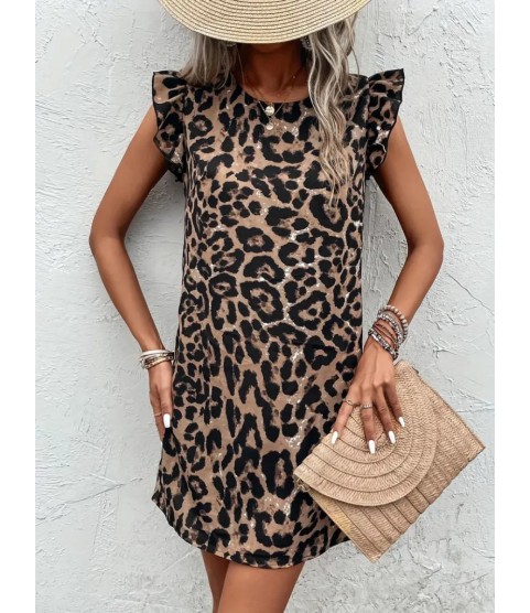 Kadın Kısa Kollu Kolları Fırfır Detay Arkası Bağlamalı Leopar Desen Kolsuz Mini Mikro Elbise
