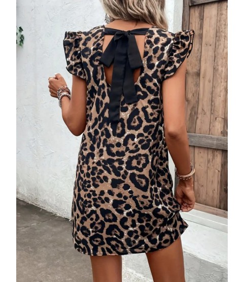 Kadın Kısa Kollu Kolları Fırfır Detay Arkası Bağlamalı Leopar Desen Kolsuz Mini Mikro Elbise