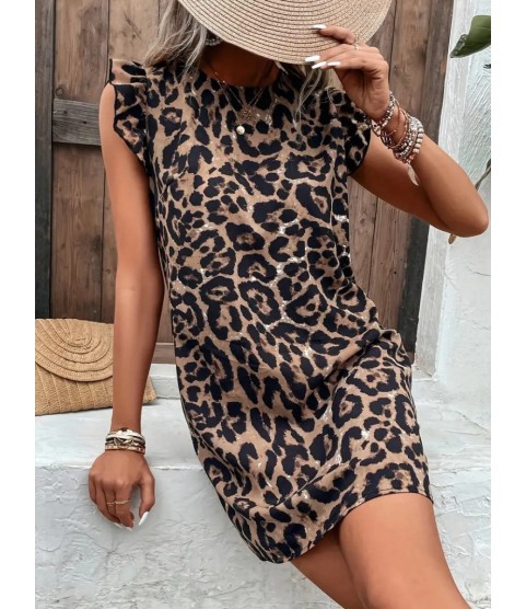 Kadın Kısa Kollu Kolları Fırfır Detay Arkası Bağlamalı Leopar Desen Kolsuz Mini Mikro Elbise