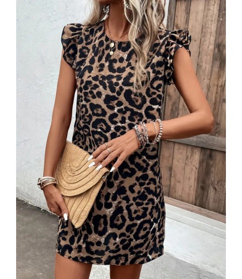Kadın Kısa Kollu Kolları Fırfır Detay Arkası Bağlamalı Leopar Desen Kolsuz Mini Mikro Elbise