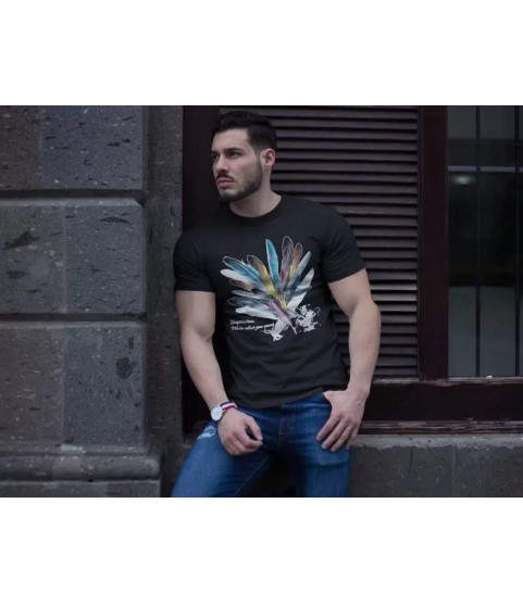 Unisex Bisiklet Yaka Baskılı Oversize T-Shirt - Siyah