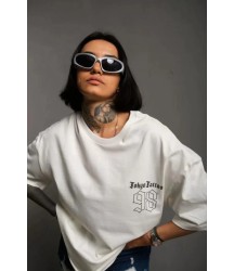 Unisex Bisiklet Yaka Baskılı Oversize T-Shirt - Beyaz