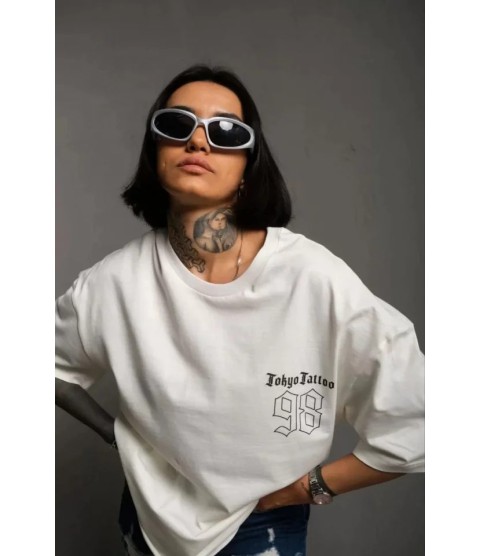 Unisex Bisiklet Yaka Baskılı Oversize T-Shirt - Beyaz