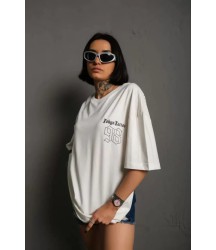 Unisex Bisiklet Yaka Baskılı Oversize T-Shirt - Beyaz