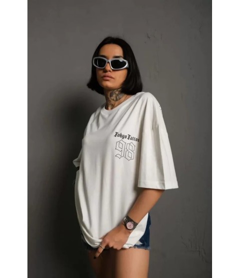 Unisex Bisiklet Yaka Baskılı Oversize T-Shirt - Beyaz