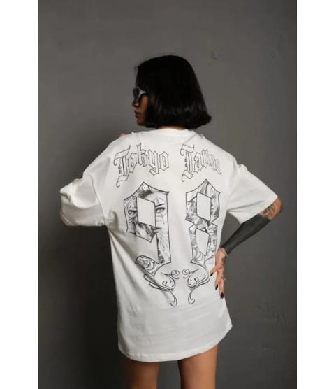 Unisex Bisiklet Yaka Baskılı Oversize T-Shirt - Beyaz