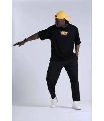 Unisex Bisiklet Yaka Baskılı Oversize T-Shirt - Siyah