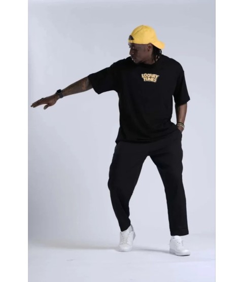 Unisex Bisiklet Yaka Baskılı Oversize T-Shirt - Siyah