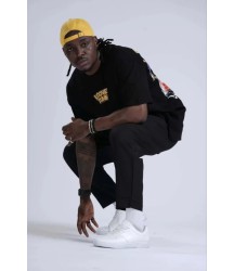 Unisex Bisiklet Yaka Baskılı Oversize T-Shirt - Siyah