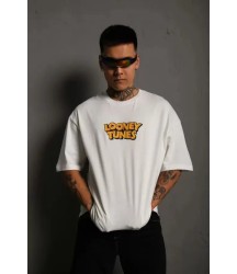 Unisex Bisiklet Yaka Baskılı Oversize T-Shirt - Beyaz