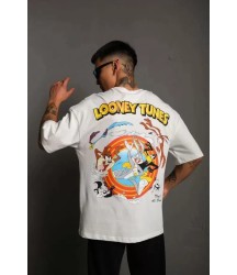 Unisex Bisiklet Yaka Baskılı Oversize T-Shirt - Beyaz