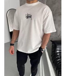 Unisex Bisiklet Yaka Baskılı Oversize T-Shirt - Beyaz