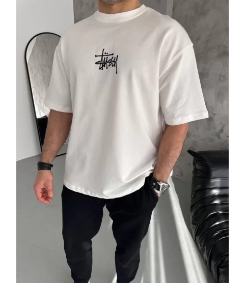 Unisex Bisiklet Yaka Baskılı Oversize T-Shirt - Beyaz