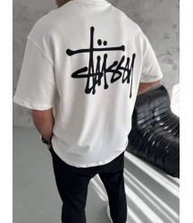 Unisex Bisiklet Yaka Baskılı Oversize T-Shirt - Beyaz