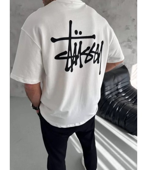 Unisex Bisiklet Yaka Baskılı Oversize T-Shirt - Beyaz