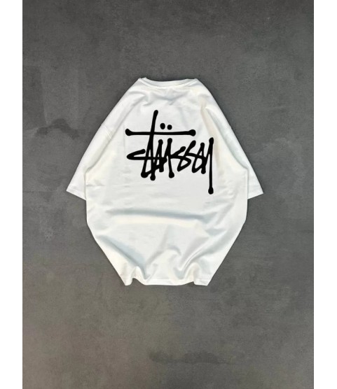 Unisex Bisiklet Yaka Baskılı Oversize T-Shirt - Beyaz