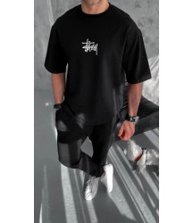 Unisex Bisiklet Yaka Baskılı Oversize T-Shirt - Siyah