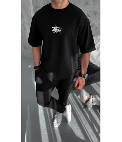 Unisex Bisiklet Yaka Baskılı Oversize T-Shirt - Siyah