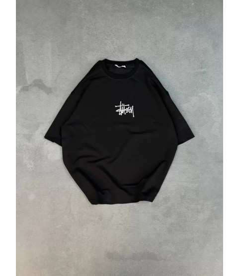 Unisex Bisiklet Yaka Baskılı Oversize T-Shirt - Siyah