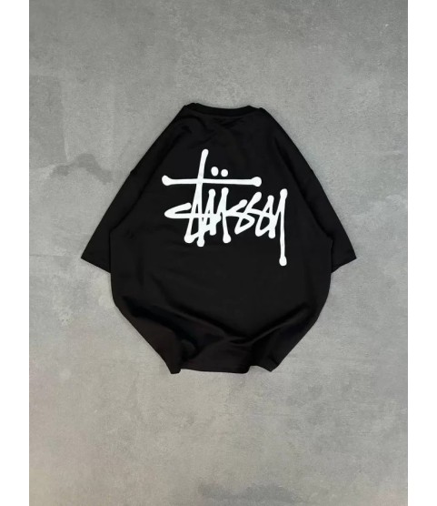 Unisex Bisiklet Yaka Baskılı Oversize T-Shirt - Siyah