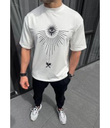 Unisex Bisiklet Yaka Baskılı Oversize T-Shirt - Beyaz