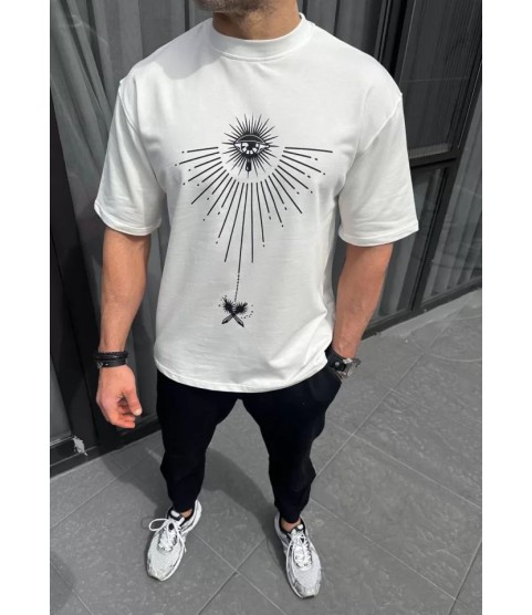 Unisex Bisiklet Yaka Baskılı Oversize T-Shirt - Beyaz