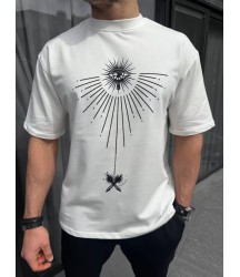 Unisex Bisiklet Yaka Baskılı Oversize T-Shirt - Beyaz