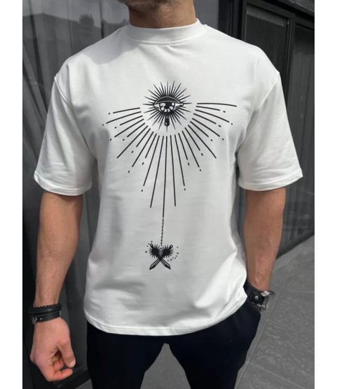 Unisex Bisiklet Yaka Baskılı Oversize T-Shirt - Beyaz