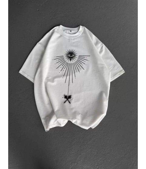 Unisex Bisiklet Yaka Baskılı Oversize T-Shirt - Beyaz