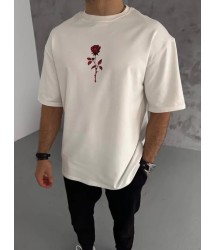 Unisex Bisiklet Yaka Baskılı Oversize T-Shirt - Beyaz