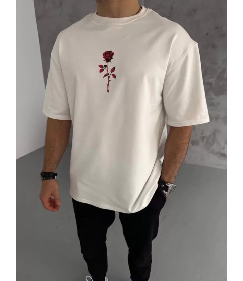 Unisex Bisiklet Yaka Baskılı Oversize T-Shirt - Beyaz