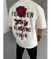 Unisex Bisiklet Yaka Baskılı Oversize T-Shirt - Beyaz