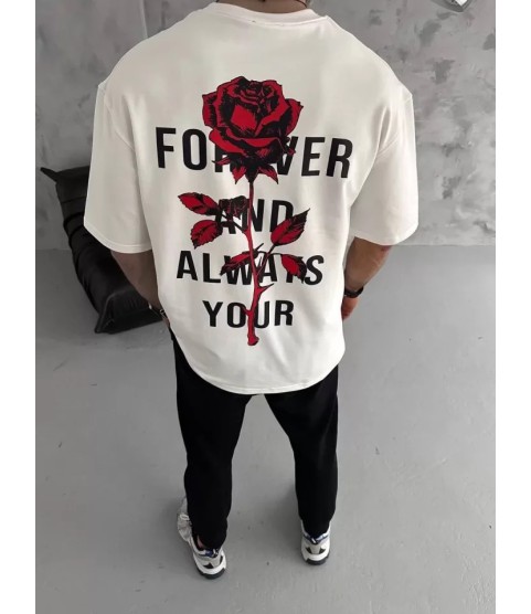 Unisex Bisiklet Yaka Baskılı Oversize T-Shirt - Beyaz