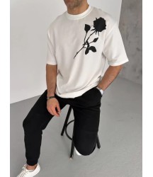 Unisex Bisiklet Yaka Baskılı Oversize T-Shirt - Beyaz
