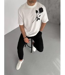 Unisex Bisiklet Yaka Baskılı Oversize T-Shirt - Beyaz