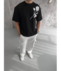 Unisex Bisiklet Yaka Baskılı Oversize T-Shirt - Siyah