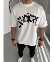 Unisex Bisiklet Yaka Baskılı Oversize T-Shirt - Beyaz