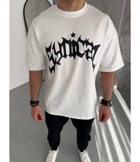 Unisex Bisiklet Yaka Baskılı Oversize T-Shirt - Beyaz