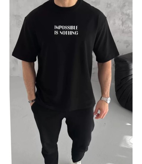 Unisex Bisiklet Yaka Baskılı Oversize T-Shirt - Siyah