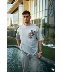Unisex Bisiklet Yaka Baskılı Oversize T-Shirt - Boyalı Gri