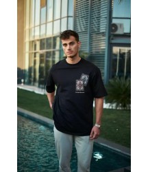 Unisex Bisiklet Yaka Baskılı Oversize T-Shirt - Siyah