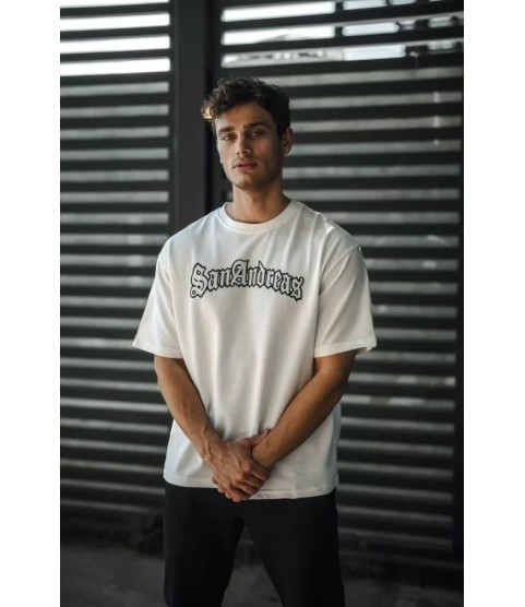 Unisex Bisiklet Yaka Baskılı Oversize T-Shirt - Beyaz