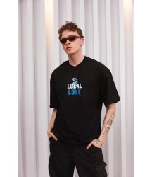 Unisex Bisiklet Yaka Baskılı Oversize T-Shirt - Siyah