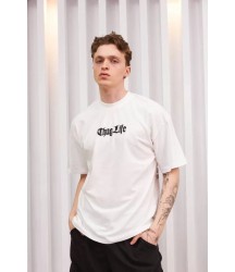 Unisex Bisiklet Yaka Baskılı Oversize T-Shirt - Beyaz