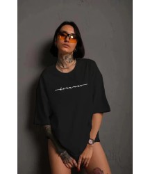 Unisex Bisiklet Yaka Baskılı T-Shirt - Siyah