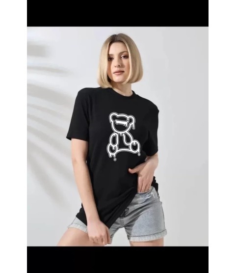 Unisex Bisiklet Yaka Baskılı T-Shirt - Siyah