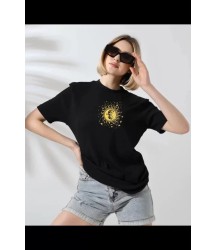 Unisex Bisiklet Yaka Baskılı T-Shirt - Siyah