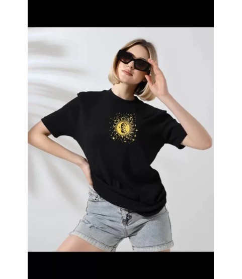 Unisex Bisiklet Yaka Baskılı T-Shirt - Siyah